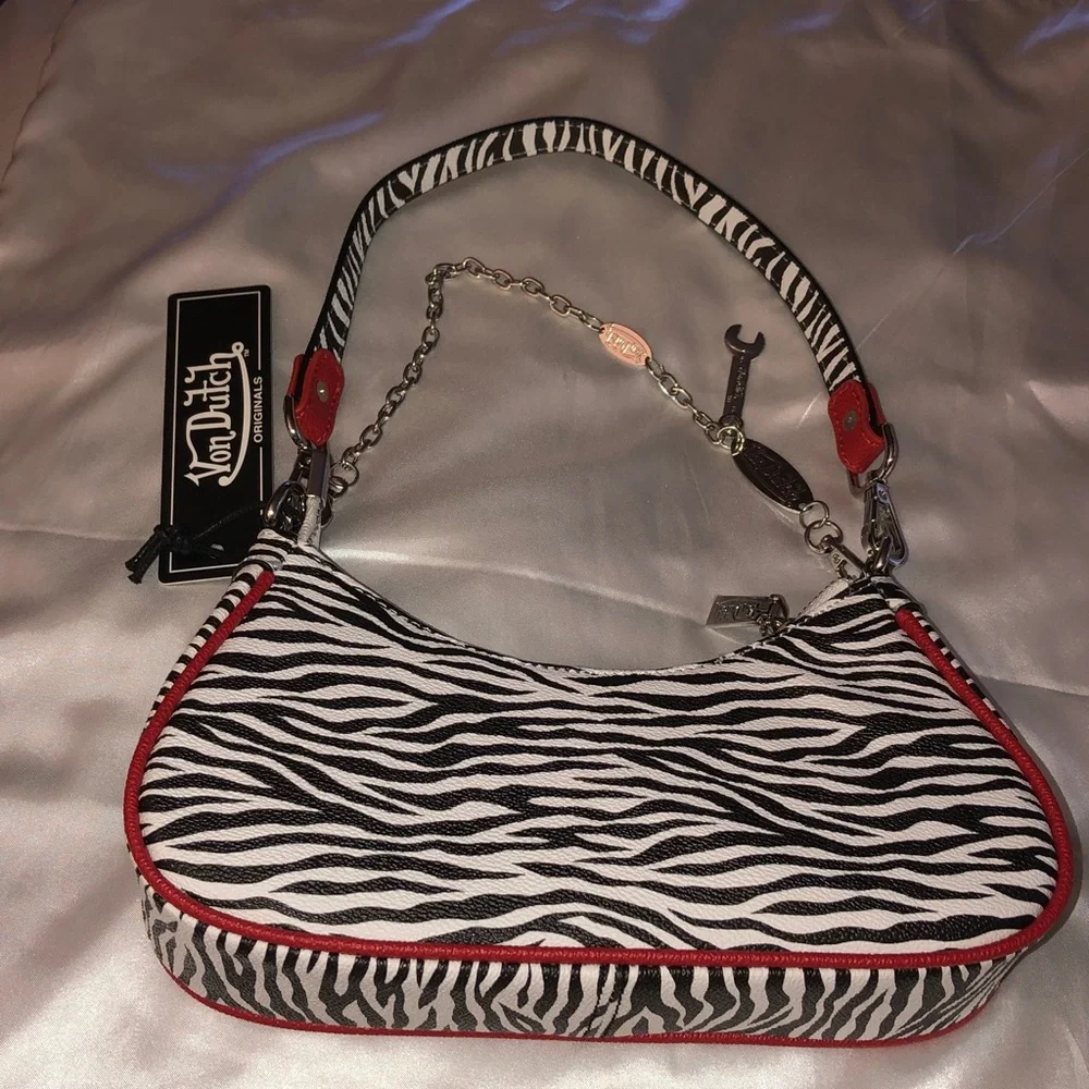 Von Dutch Zebra Print Shoulder Bag Red Trim & Logo Silver Chain + Wrench NWT
